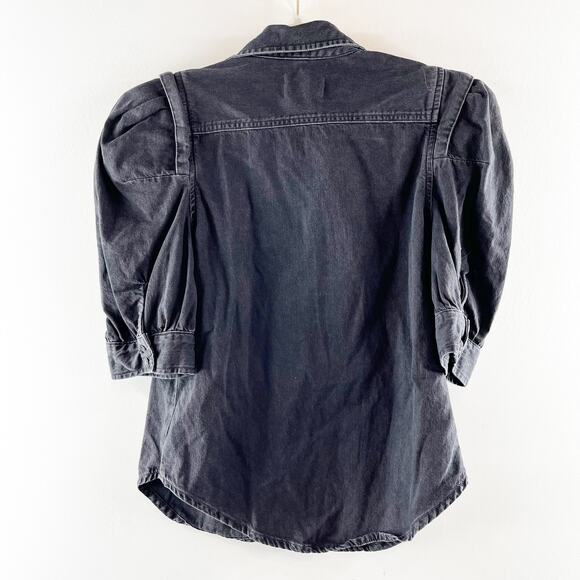 Frame Rosette Puff Elbow Sleeve Collared Denim Button Down Shirt Black Small - Picture 4 of 5